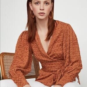 BCBGMaxAzria Pleated Shoulder Wrap Ruffled Top Blouse Size Medium